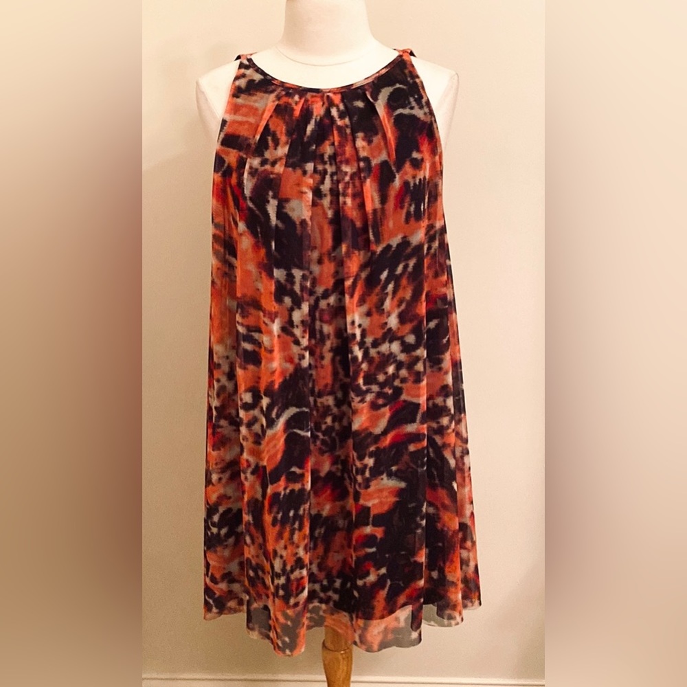 London Times Orange Black Muted SZ 8 Elegant Cocktail Boho Pleated Mesh Dress